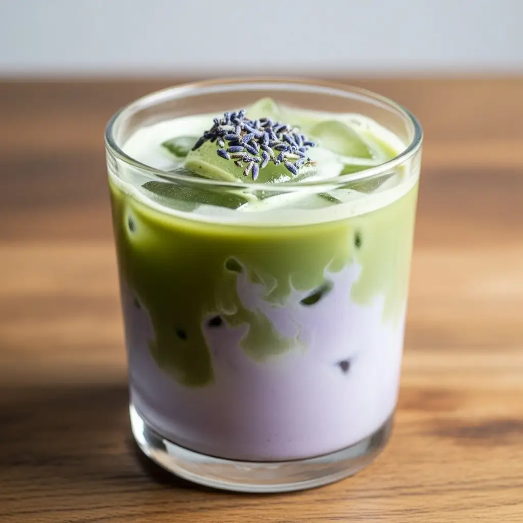 Layered iced latte with matcha and lavender swirls topped with dried lavender flowers in a clear glass.