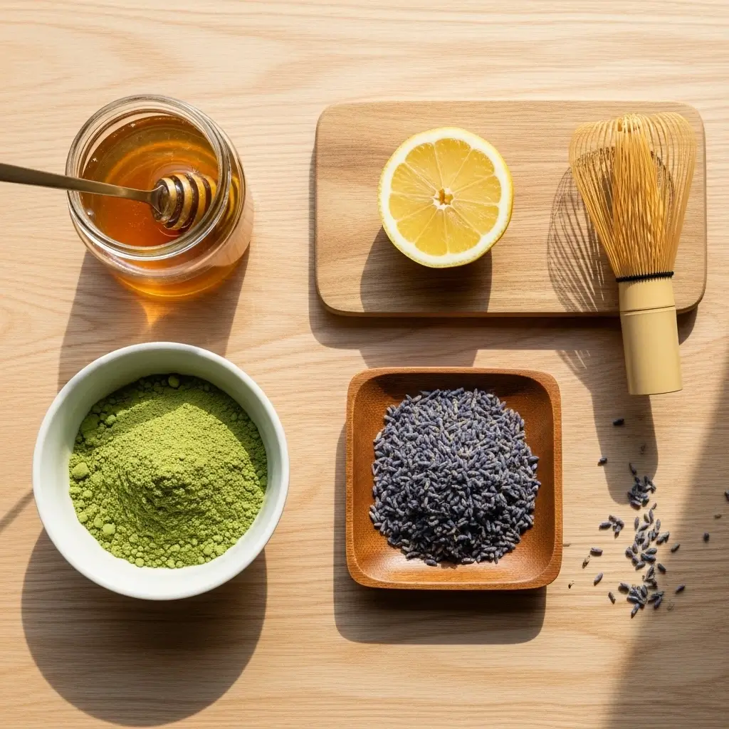Flat lay of matcha powder, dried lavender buds, honey jar, lemon wedge, and whisk on a wooden table.
