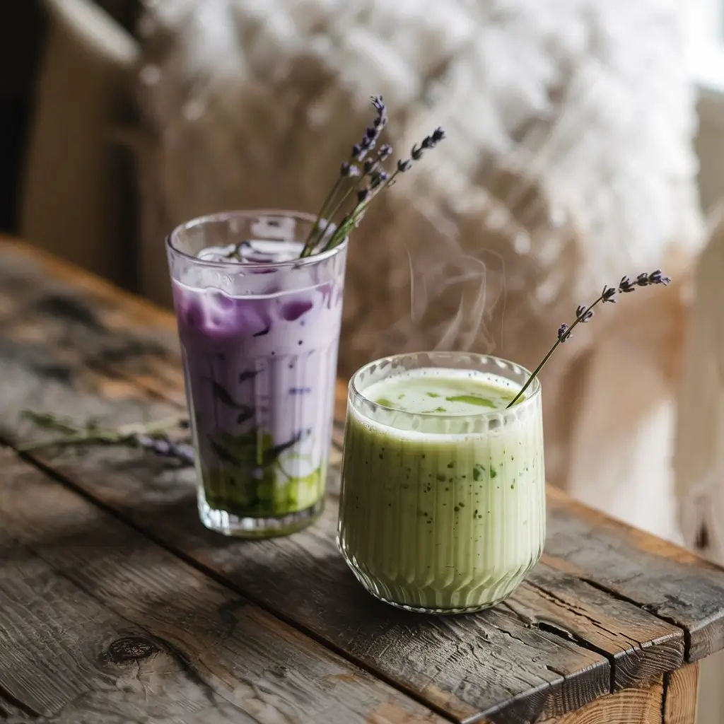 Two lavender matcha drinks: iced latte with purple-green swirls and hot tea with lavender garnish.