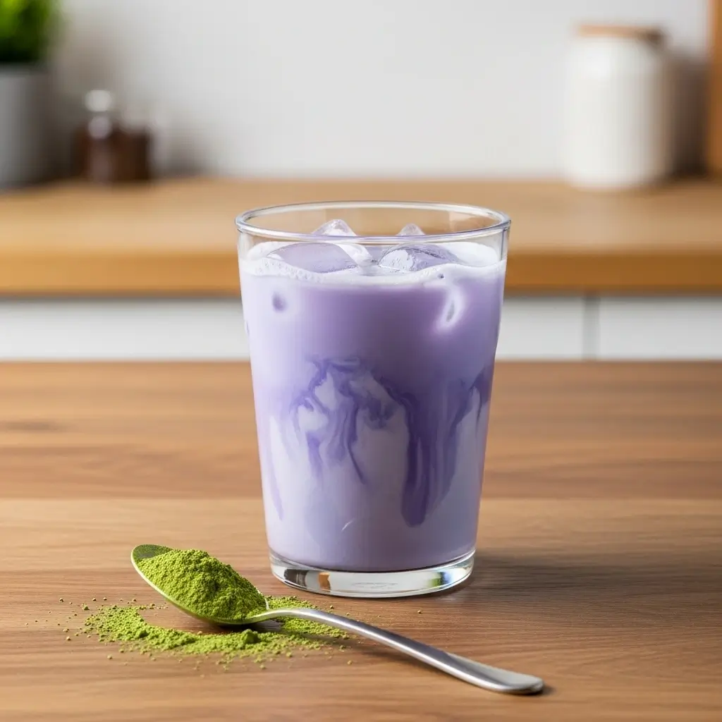 Iced lavender matcha latte with uneven swirls and spilled matcha powder on a wooden table.