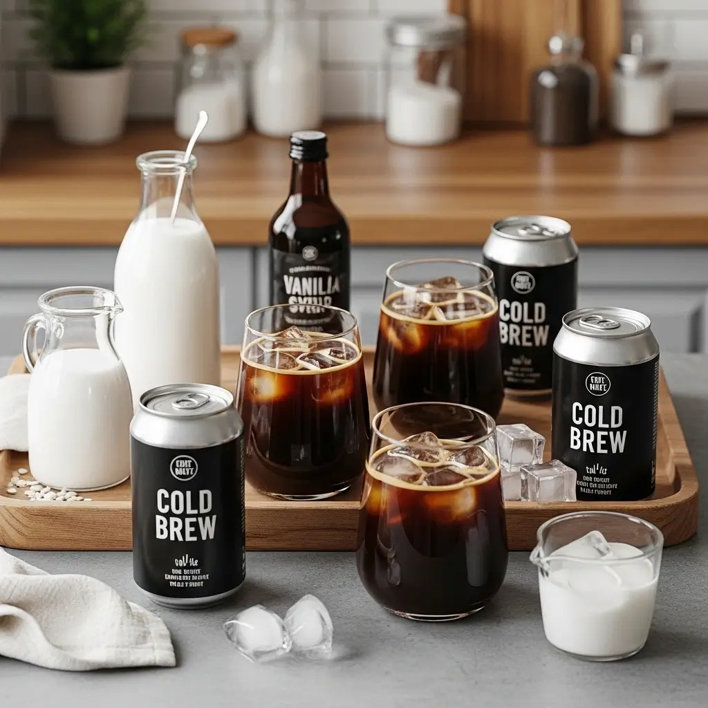 Homemade iced coffee drinks made from canned cold brew with ingredients.