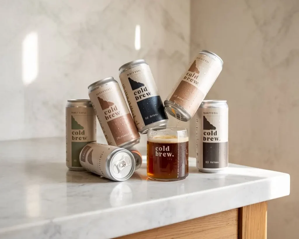 Five premium canned cold brew coffees with unique designs on a kitchen counter in soft morning light.