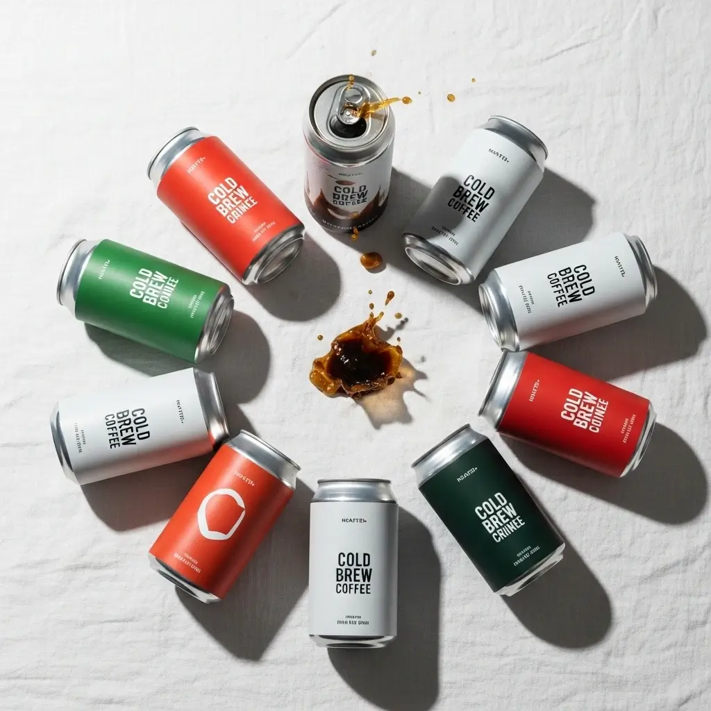 Top-rated canned cold brew coffees with stylish designs arranged in a flat lay on a white cloth surface.