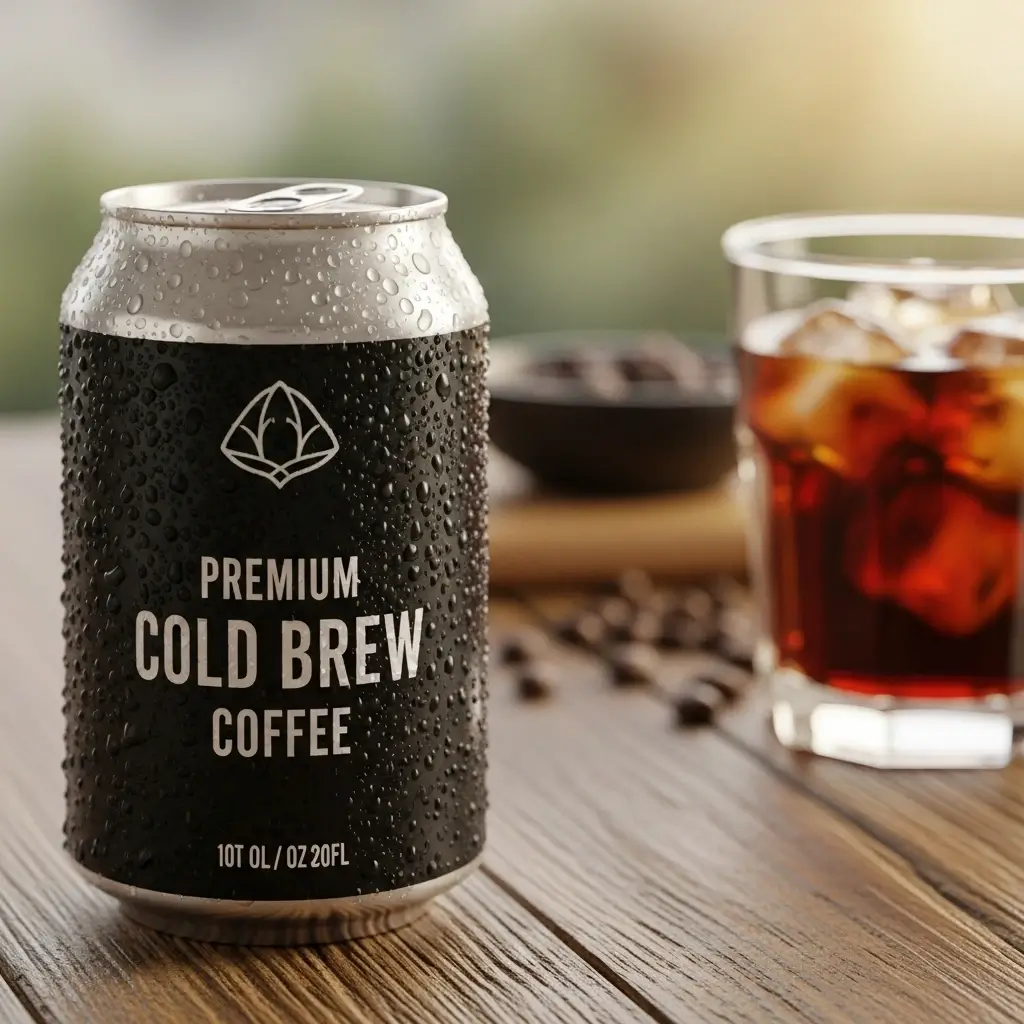 Premium canned cold brew coffee with condensation on a wooden table beside a glass of iced coffee.