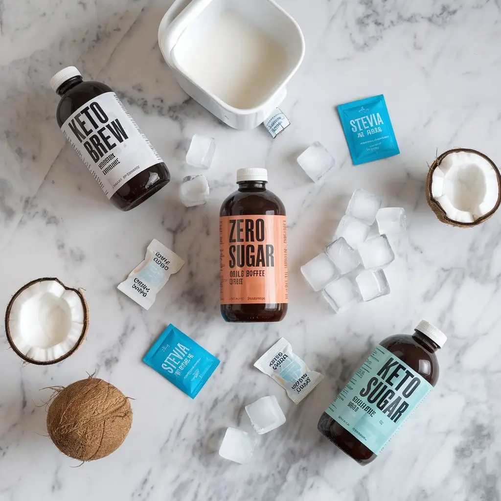 Keto and low-sugar cold brew coffee bottles arranged with healthy ingredients.