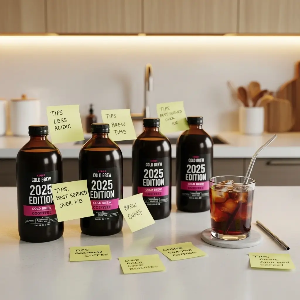 Cold brew coffee bottles with 2025 tips and a chilled glass of cold brew on a kitchen counter.