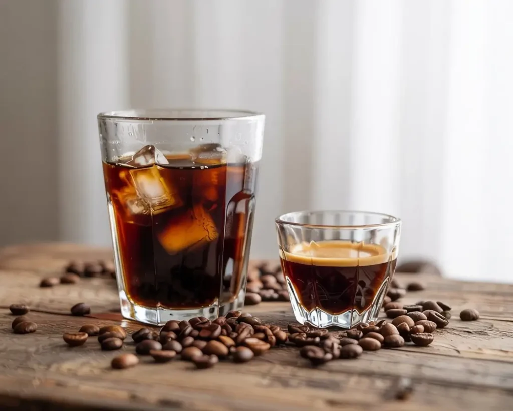 Cold brew coffee with ice next to a small espresso shot on a wooden table.