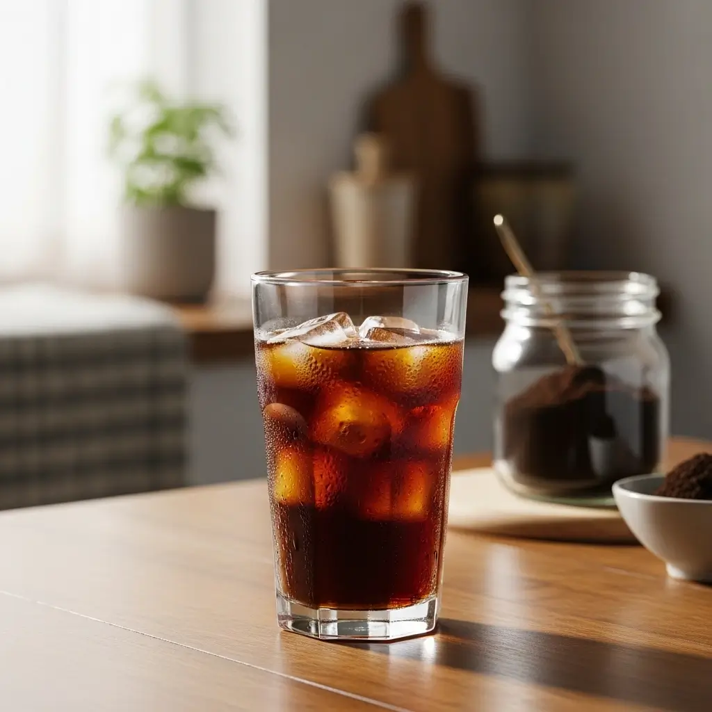 Smooth cold brew coffee in a tall glass with ice and a mason jar of steeping coffee grounds.