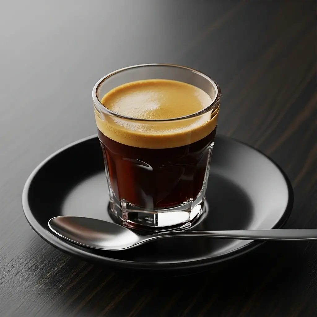 Rich espresso shot with thick crema in a clear glass on a black saucer.