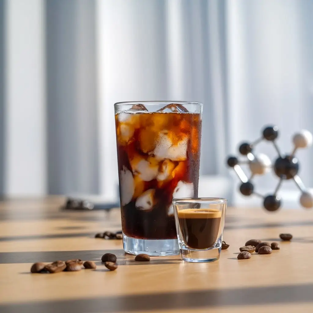 Iced cold brew and espresso shot side by side with coffee beans on a wooden table.