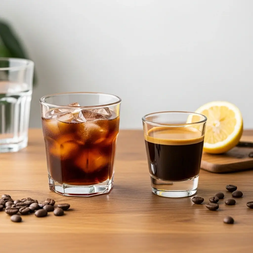 Cold brew coffee and espresso shot with coffee beans and lemon wedge on a wooden table.