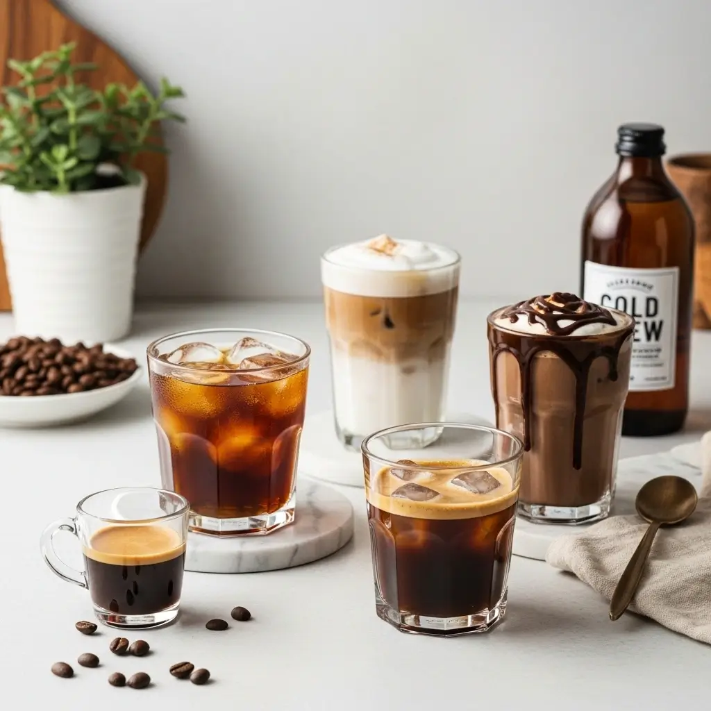 Three iced coffee drinks: cold brew, espresso iced latte, and iced mocha on a kitchen counter.