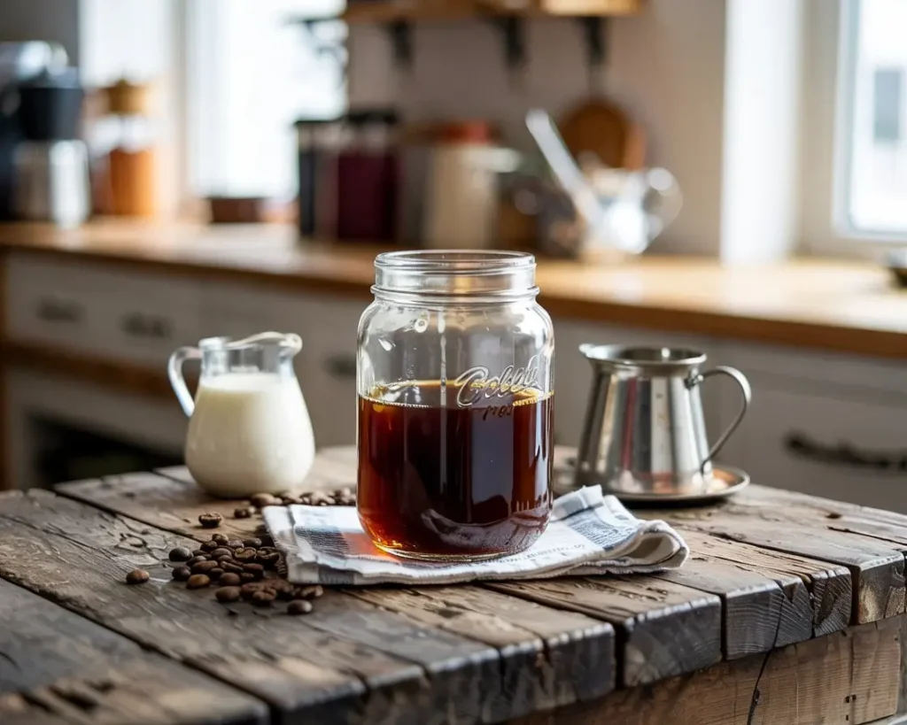 Cold brew coffee in a glass jar with cream, coffee beans, and filter tools on a wooden counter.