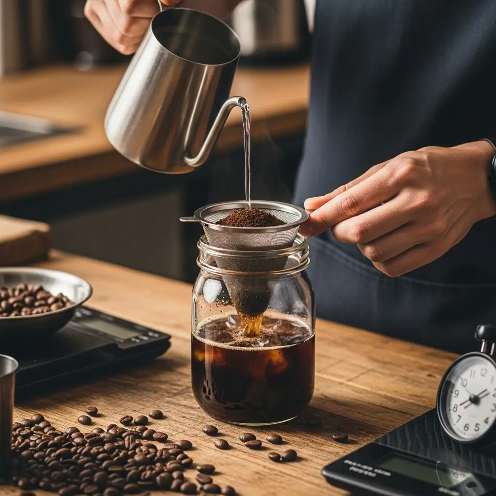 Barista pouring cold water over coarse coffee grounds in a glass jar for cold brew preparation.