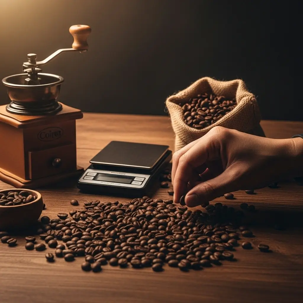 Hand selecting roasted coffee beans next to a grinder and scale on a wooden table.