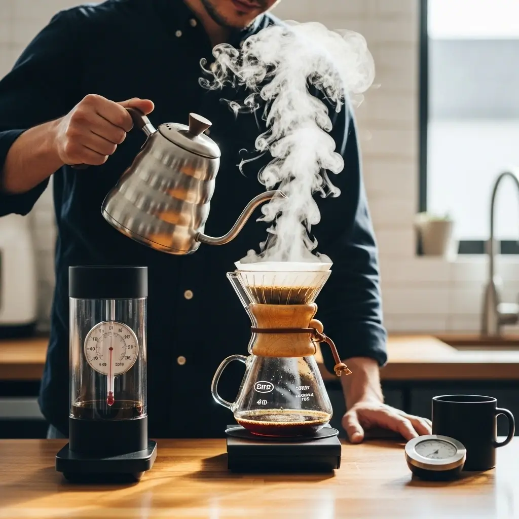 Barista brewing coffee with a pour-over kettle using timer, scale, and thermometer.