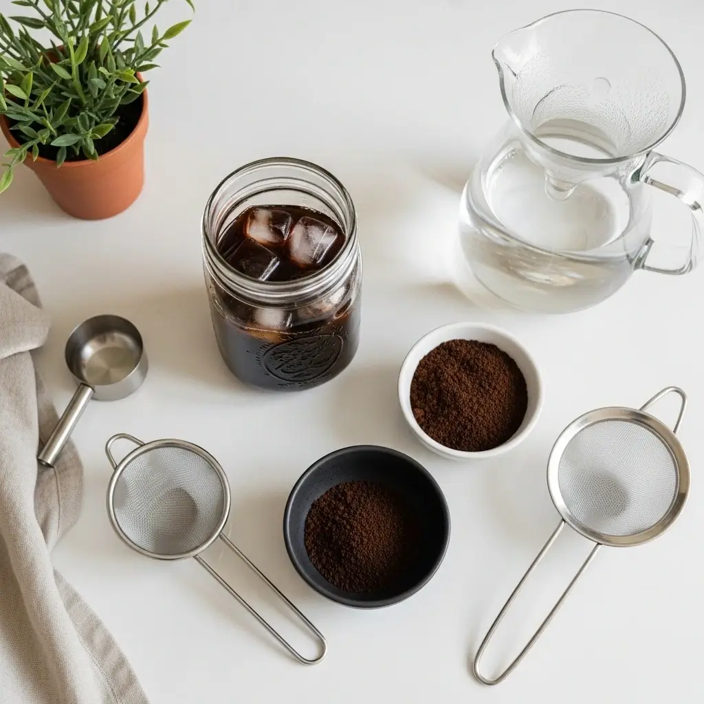 Cold brew coffee setup with tools and ingredients on a kitchen counter.