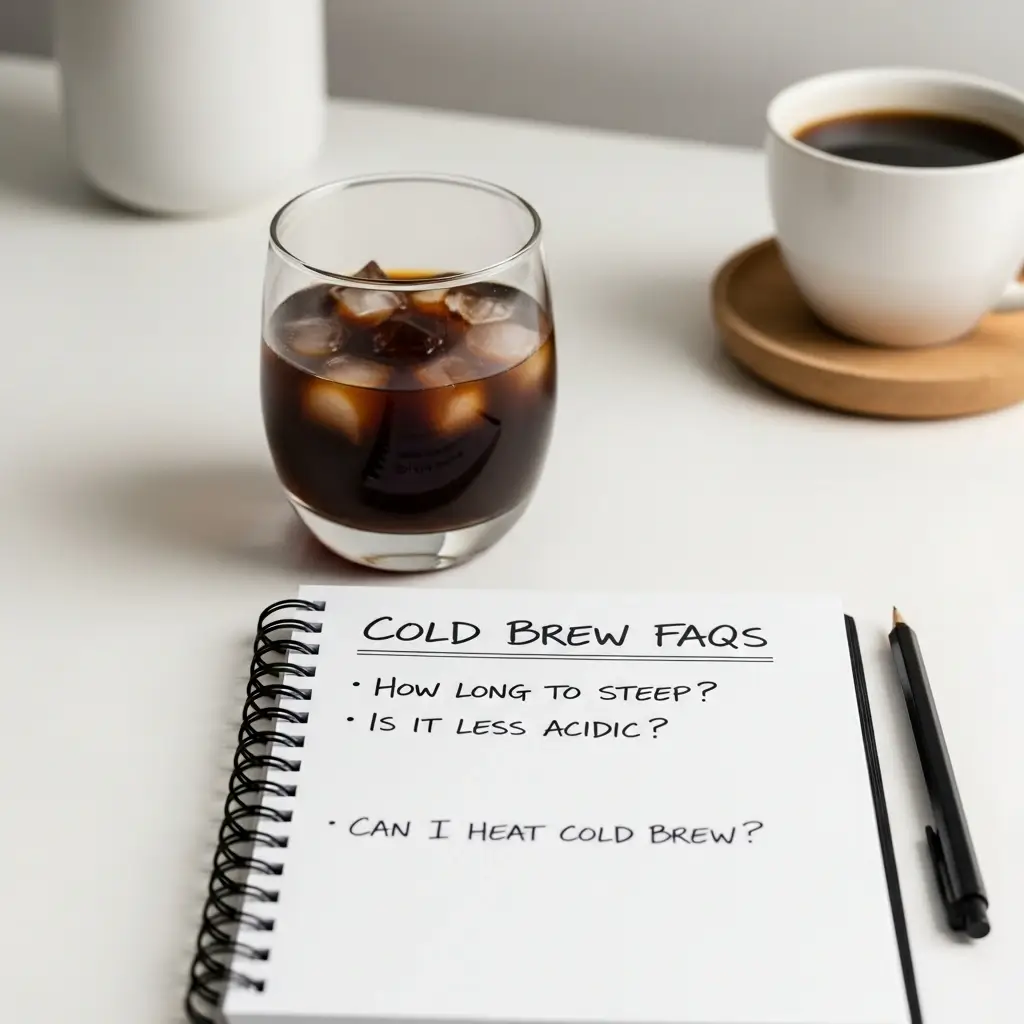 A cold brew coffee with a notebook featuring frequently asked questions about making it.