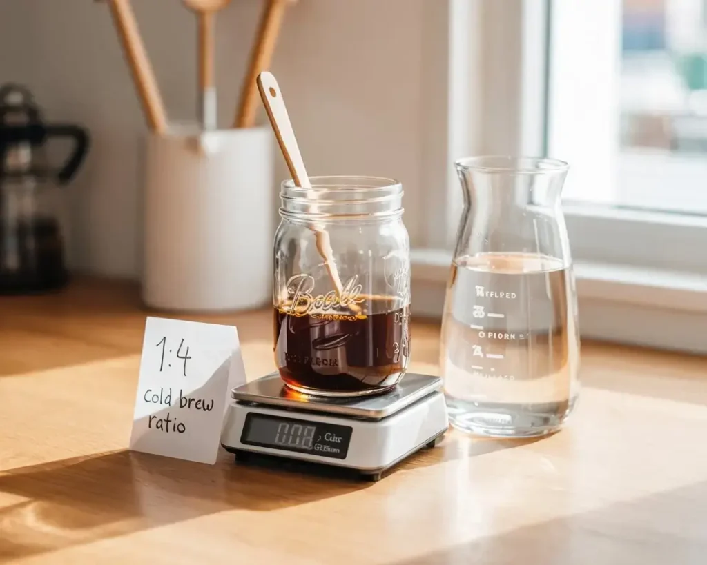 Cold brew setup showing the perfect coffee-to-water ratio for brewing at home.
