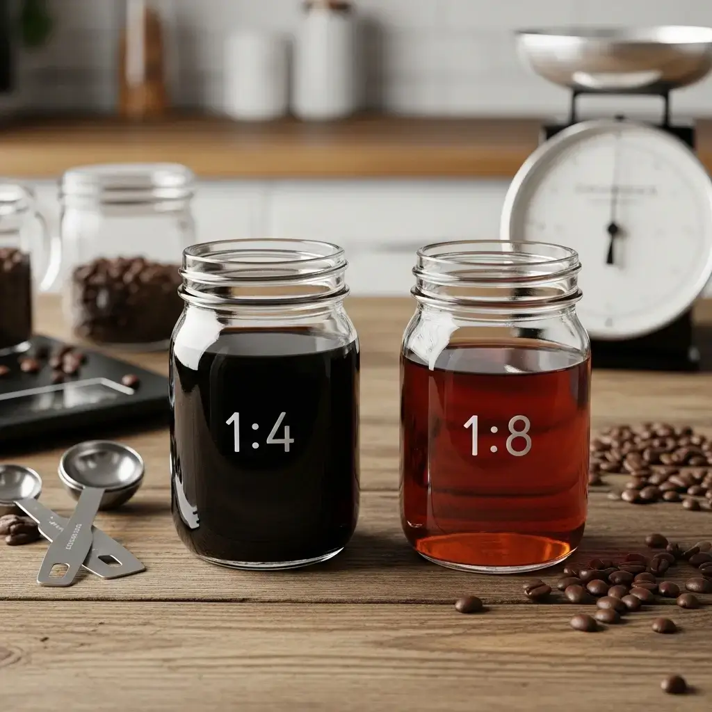 Two glass jars showing different cold brew coffee ratios — 1:4 and 1:8.