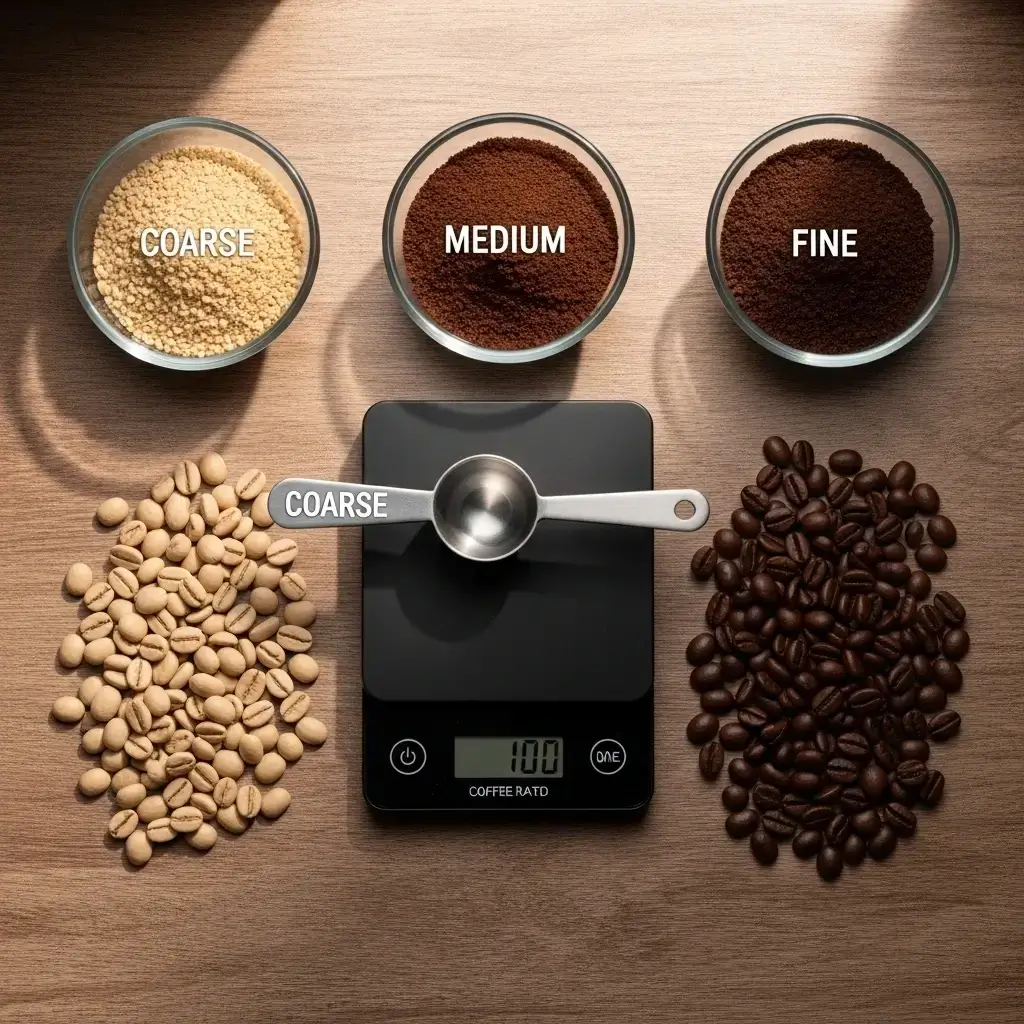 Various coffee bean roasts and grind sizes displayed with a digital scale and scoop.