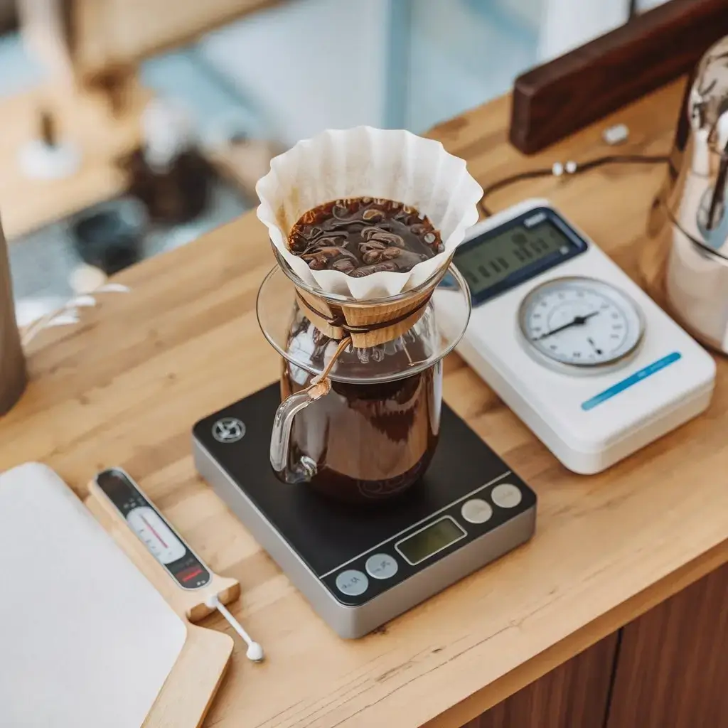 Cold brew setup with timer, scale, thermometer, and brewing jar on a wooden counter.