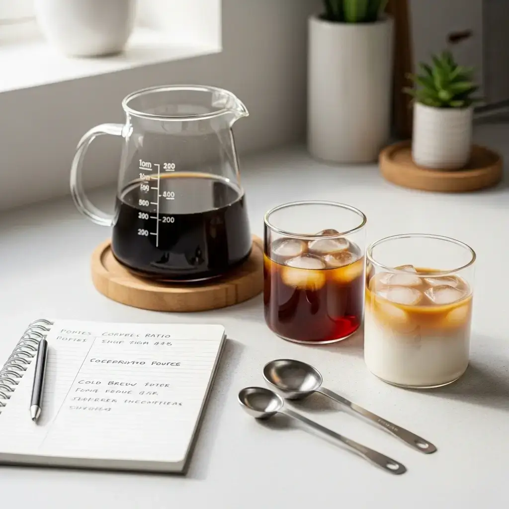 Cold brew coffee bar with ratio notes, measuring tools, and two iced drinks.