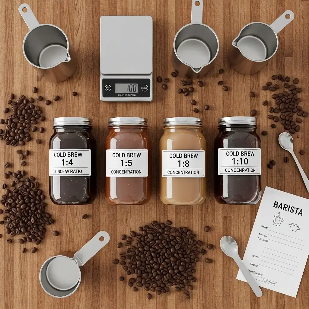 Various cold brew ratios displayed in glass jars with recipe tools.