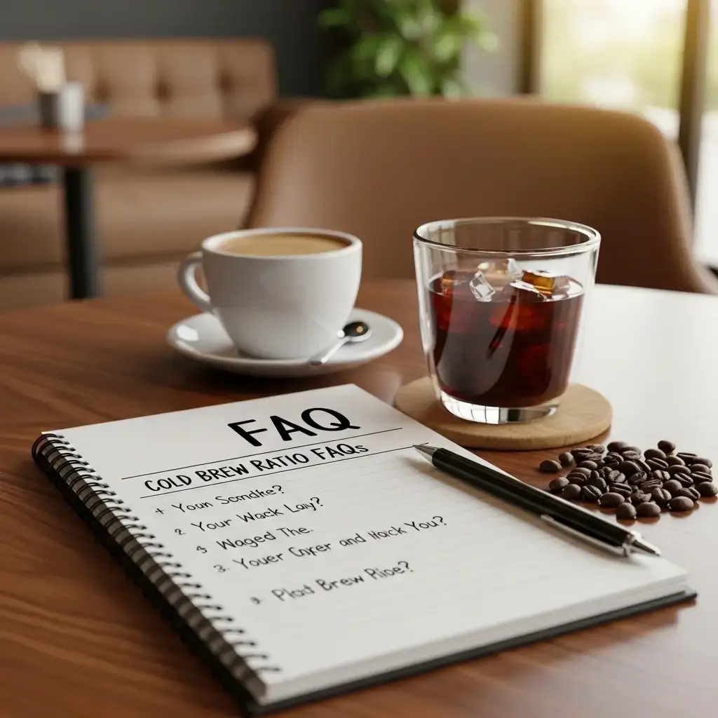 Cold brew ratio FAQs written on a notepad beside a cold brew coffee.