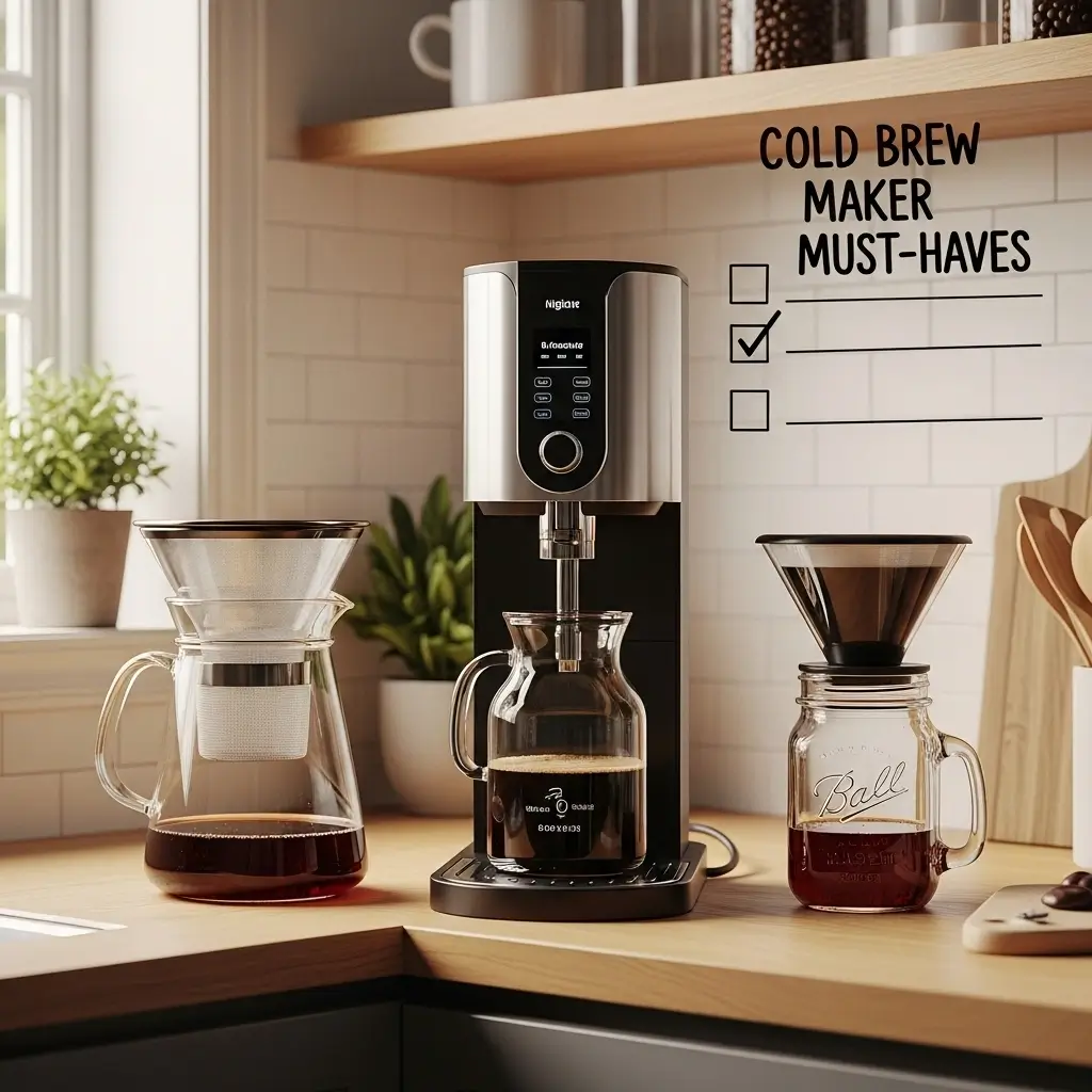 Three cold brew coffee makers with a handwritten checklist on a kitchen counter.