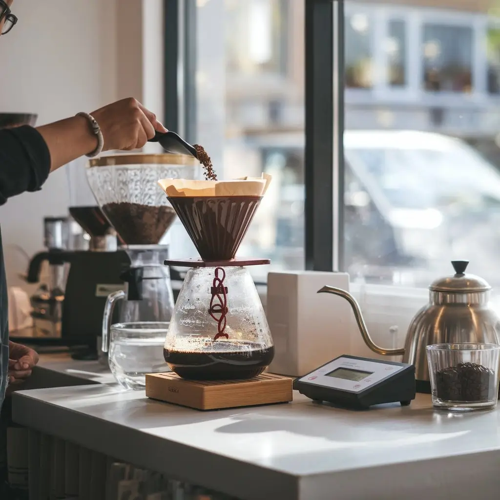 Barista preparing cold brew with precision tools on a sunny countertop.