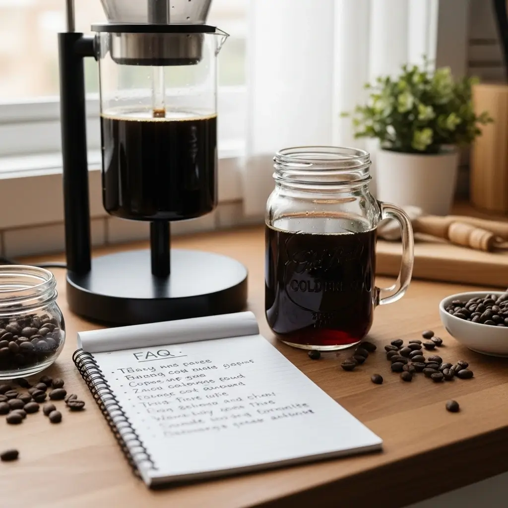 Cold brew maker on a kitchen counter with FAQs in the background.