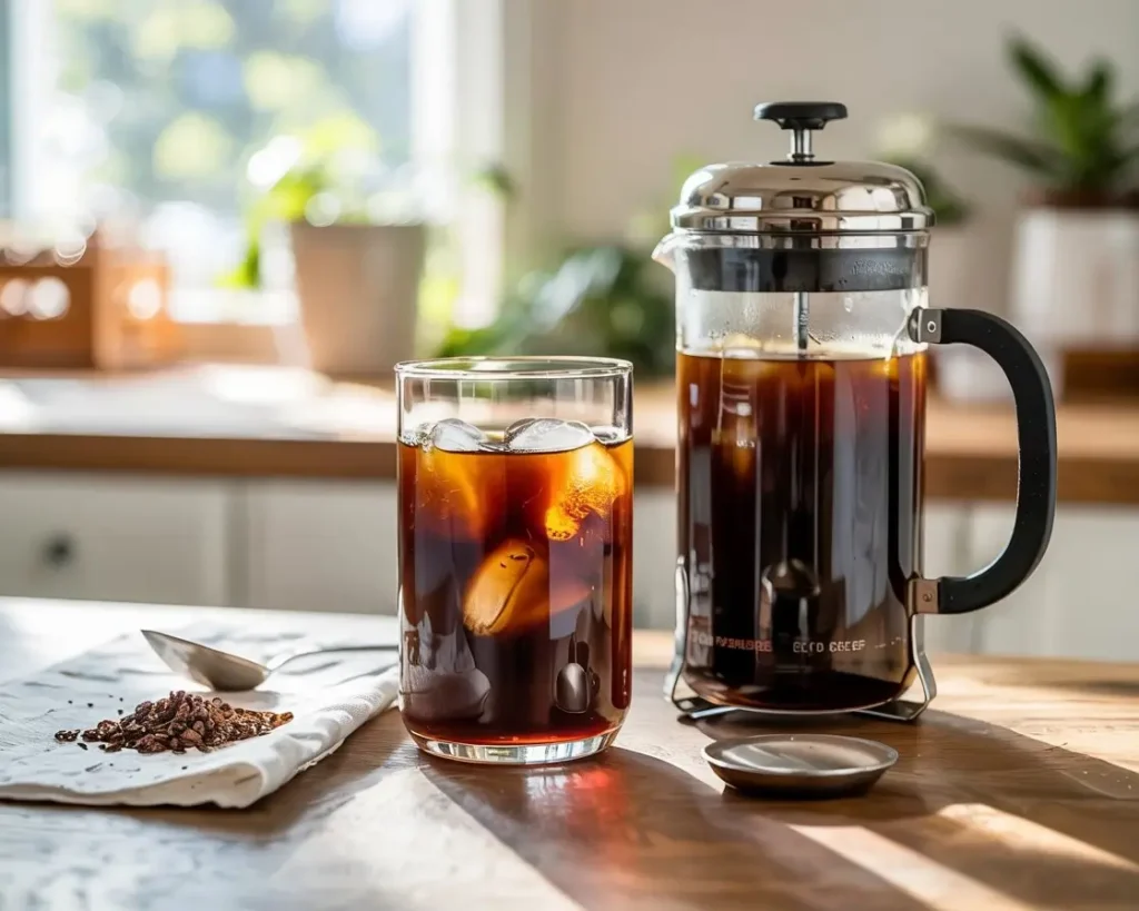 French press with cold brew and a poured iced glass on a sunlit kitchen counter.
