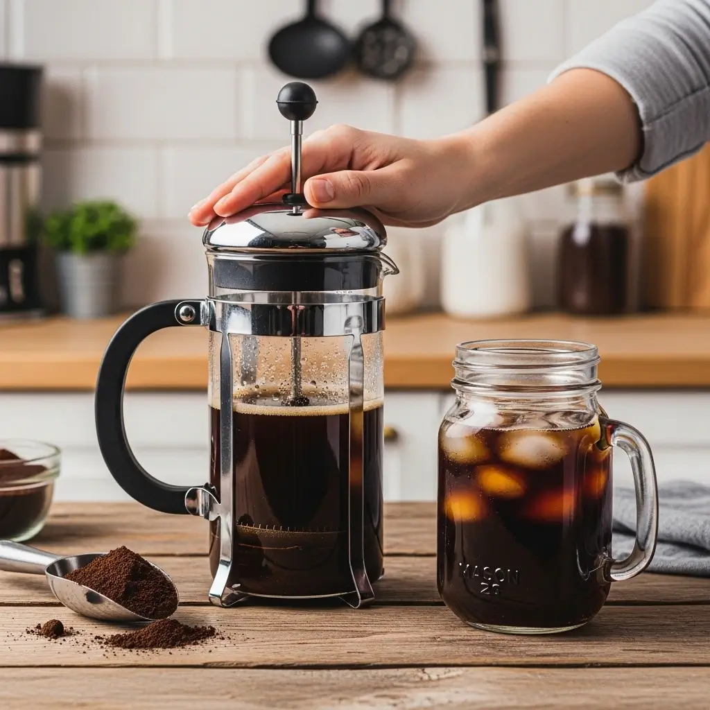 Hand pressing French press to make cold brew coffee with mason jar of iced brew beside it.