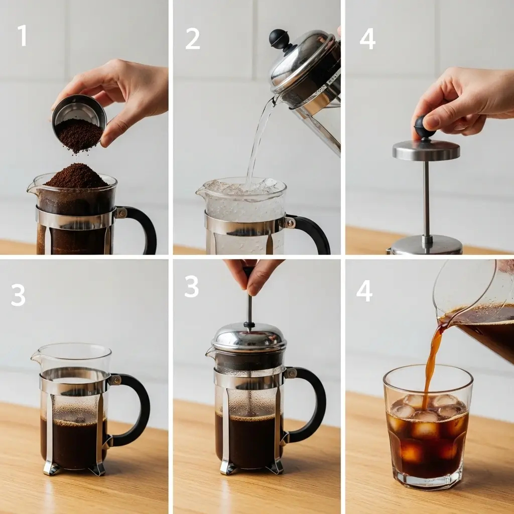 Step-by-step French press cold brew making: adding grounds, pouring water, pressing plunger, pouring iced coffee.