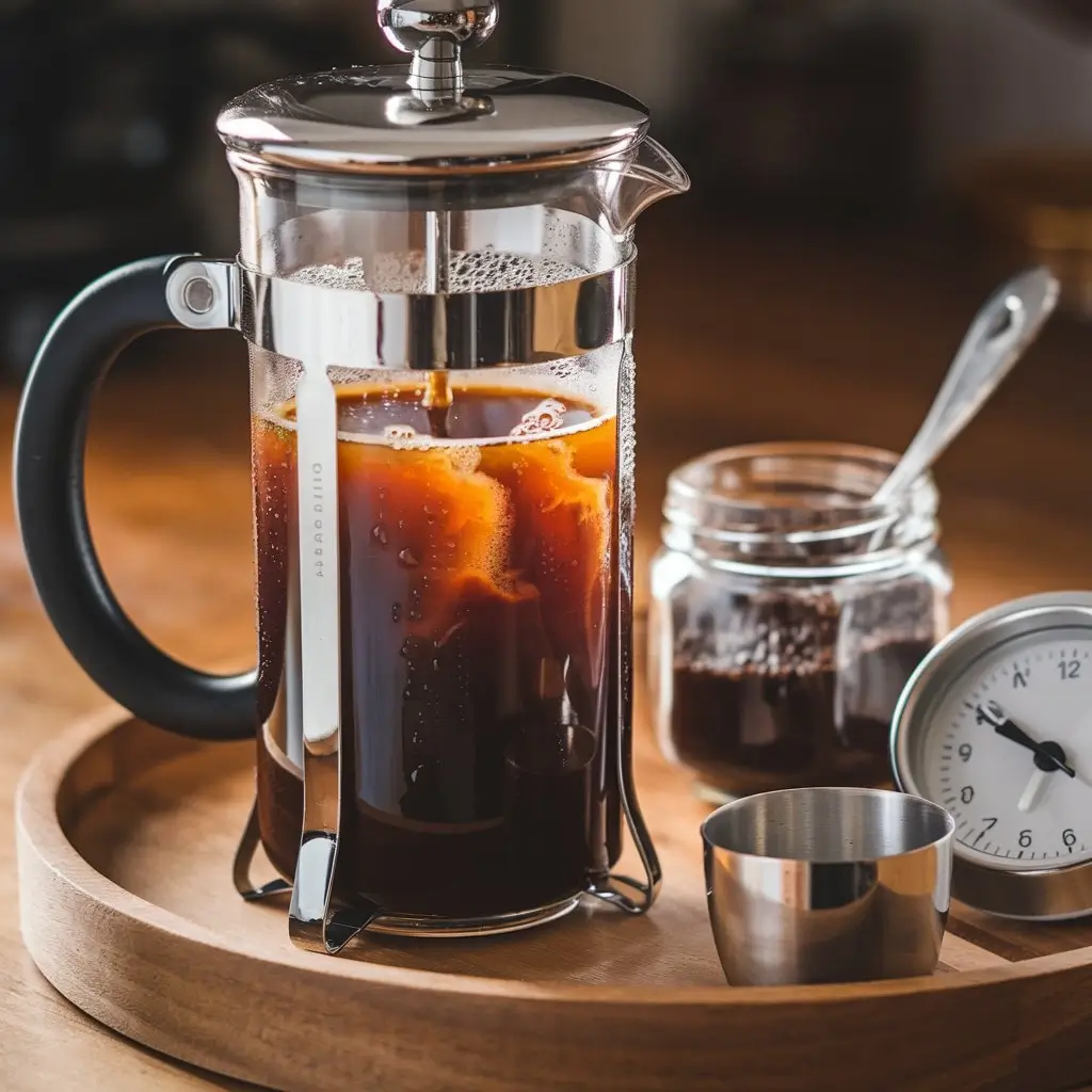 French press cold brew with coffee grounds and brewing tools on a wooden tray.