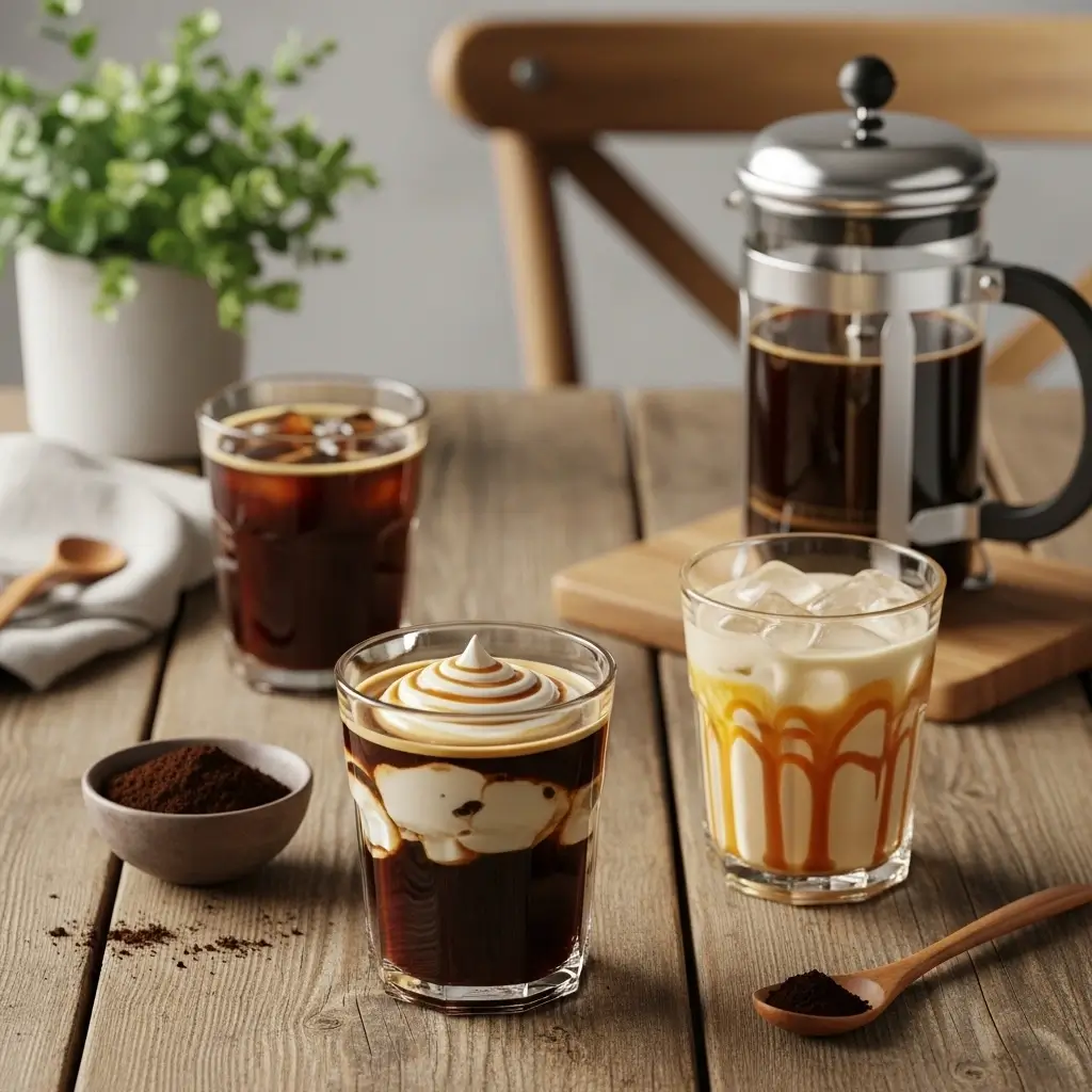 Three glasses of French press cold brew coffee with different styles on a wooden table.