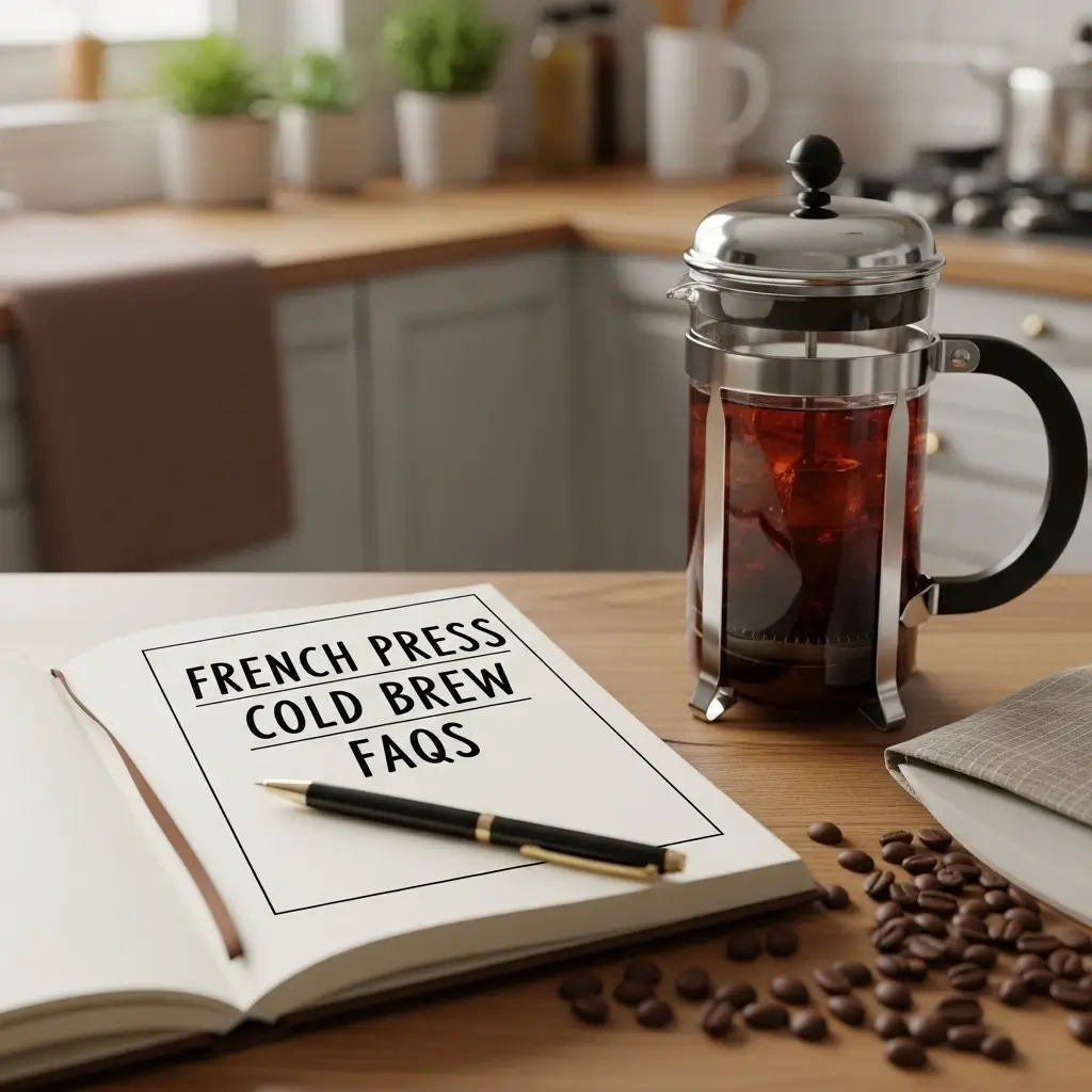 French press cold brew next to a notebook with FAQs about French press cold brew.