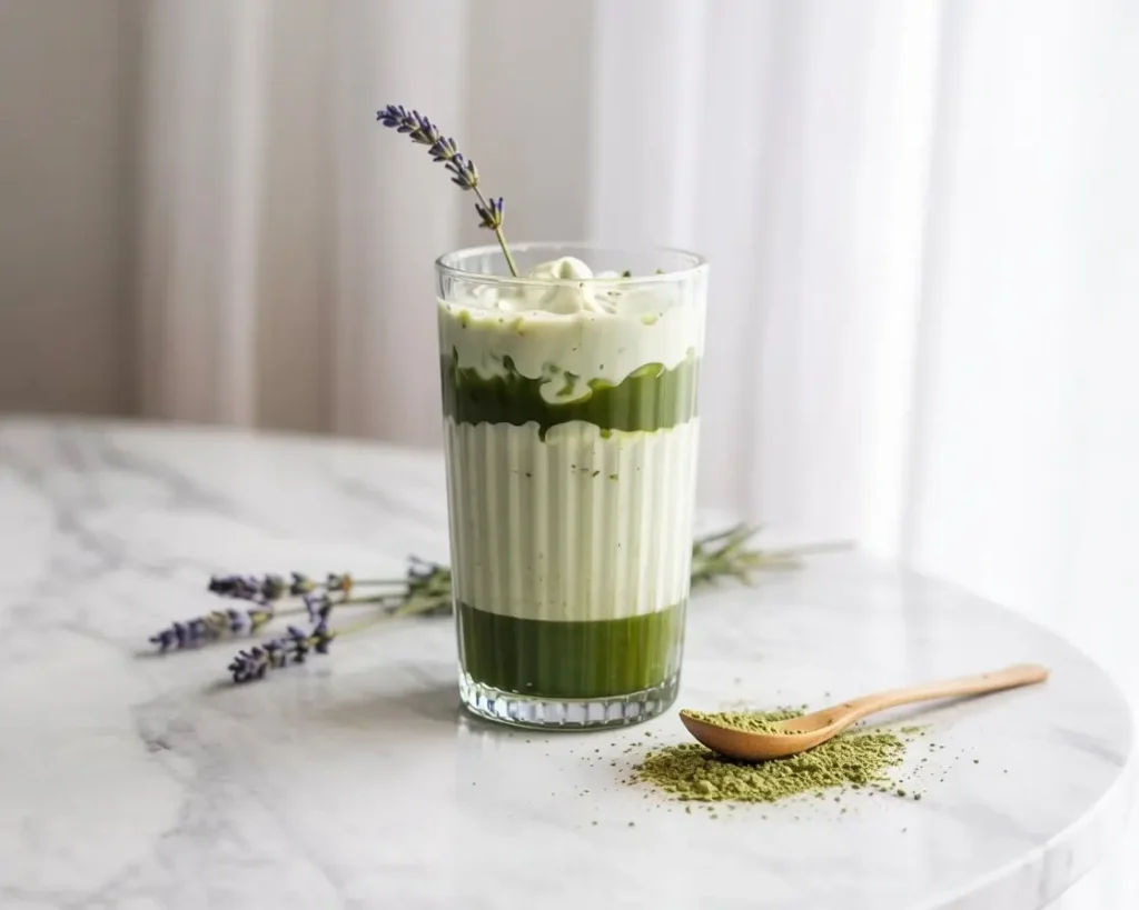 Iced lavender cream oatmilk matcha in a glass with fresh lavender and matcha powder.