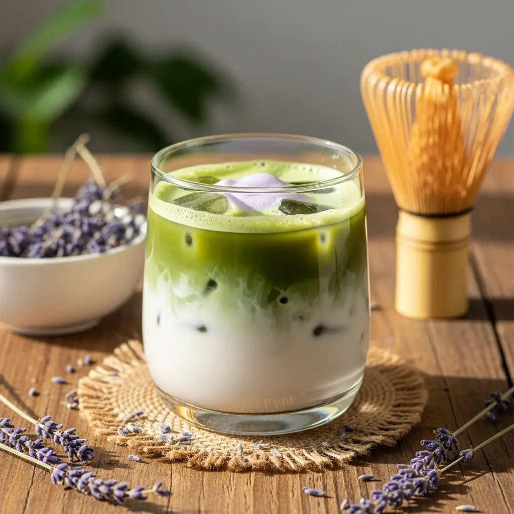 Layered iced lavender cream oatmilk matcha with lavender buds and matcha whisk.