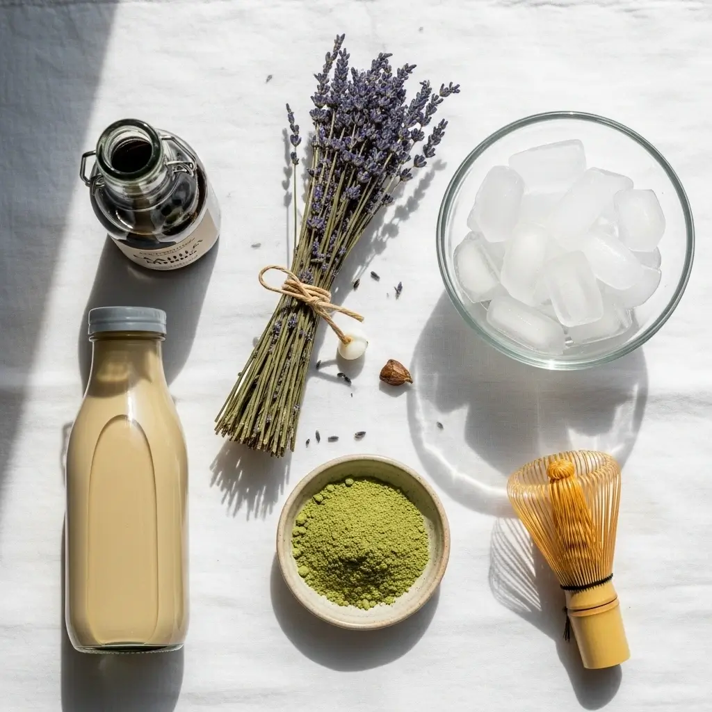 Essential ingredients for iced lavender cream oatmilk matcha arranged on a table.