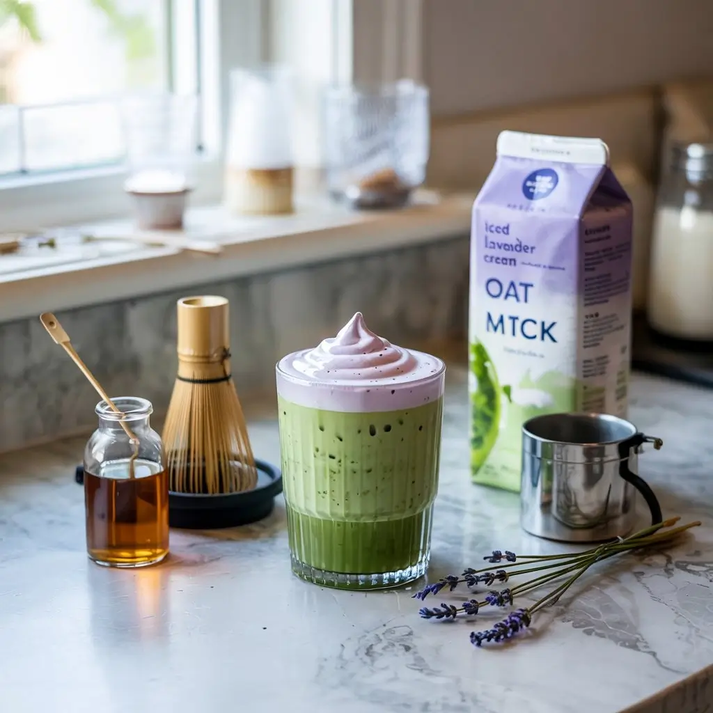 Iced lavender cream oatmilk matcha being made step by step with barista tools.