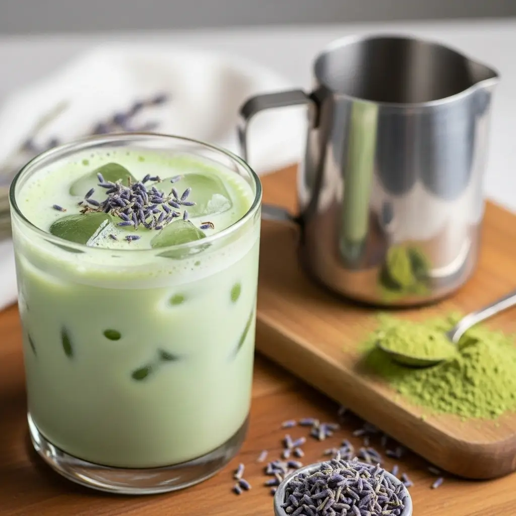 Close-up of iced lavender matcha latte with lavender petals and matcha ingredients.