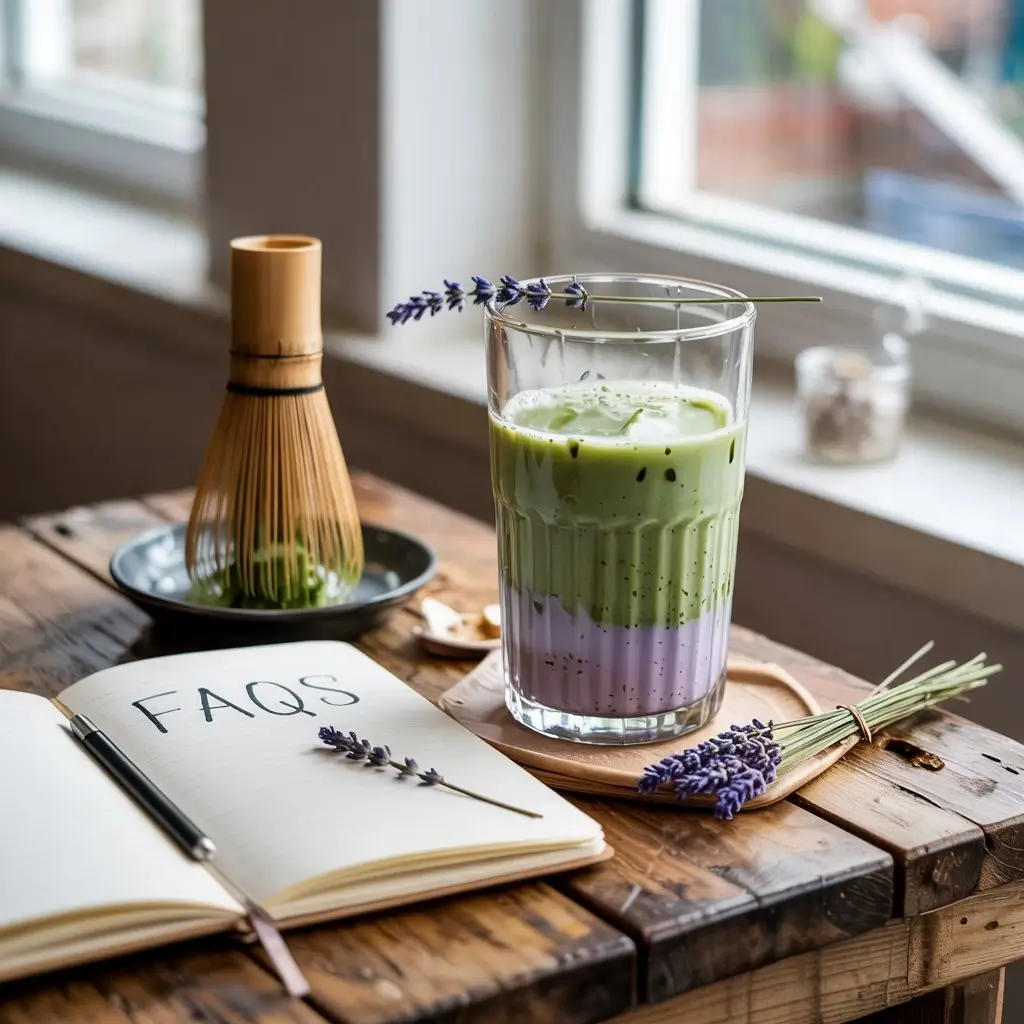 Iced lavender cream oatmilk matcha next to a notebook with frequently asked questions.