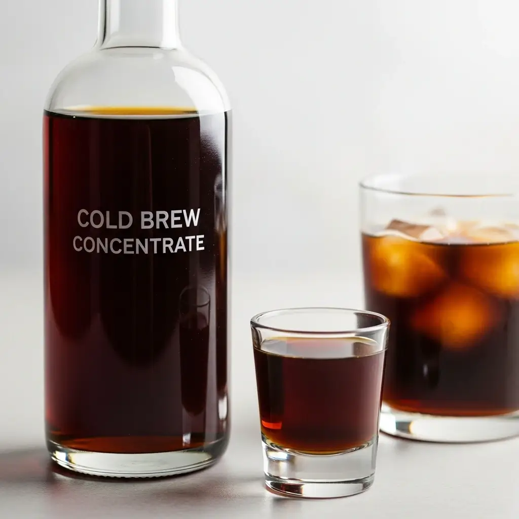 Glass bottle of cold brew concentrate beside a diluted iced coffee.