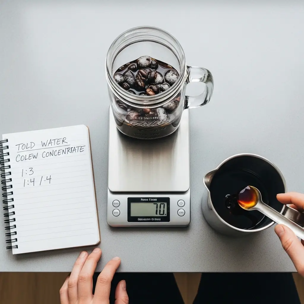 Measuring cold brew concentrate with coffee-to-water ratio notes.