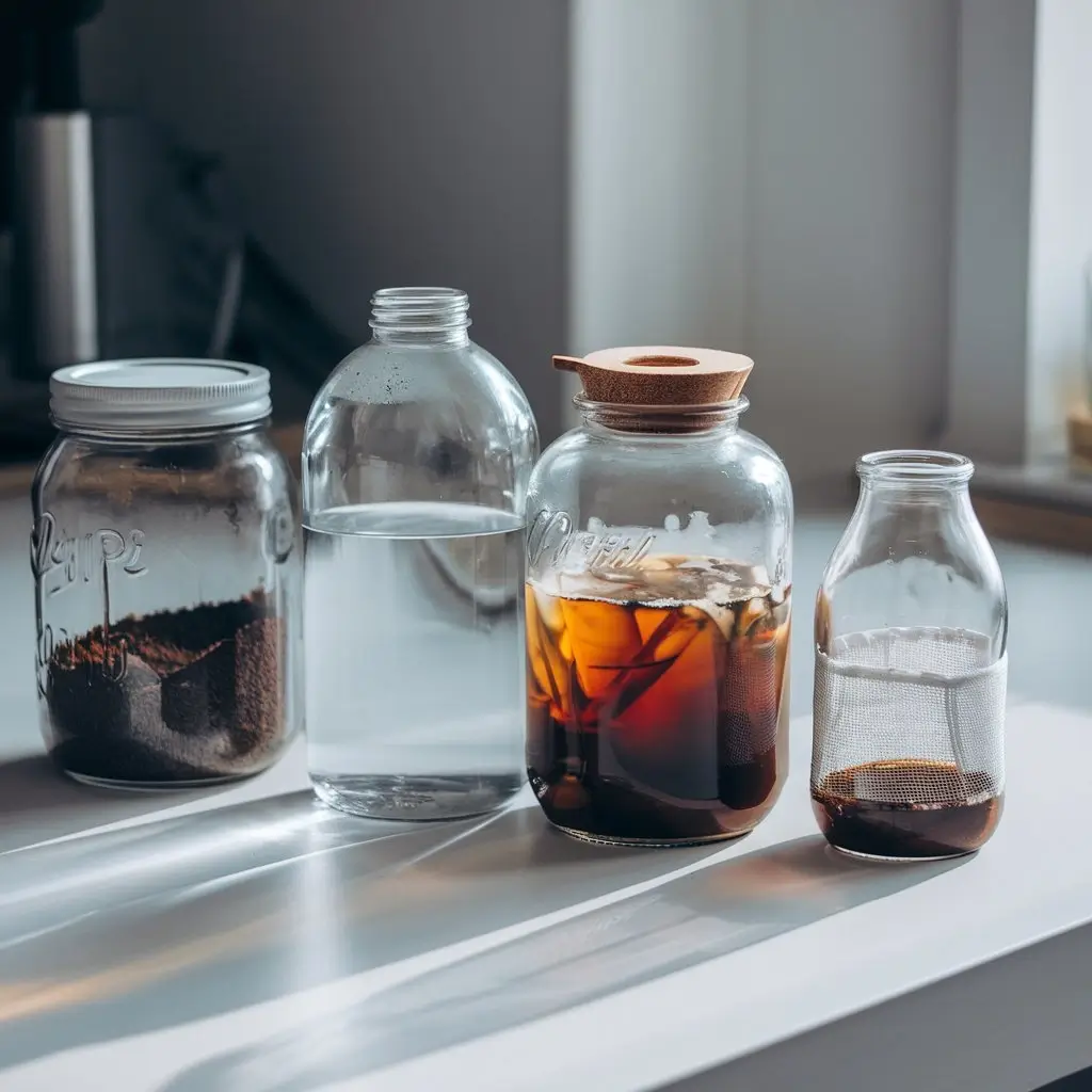 Step-by-step cold brew concentrate brewing process on a kitchen counter.