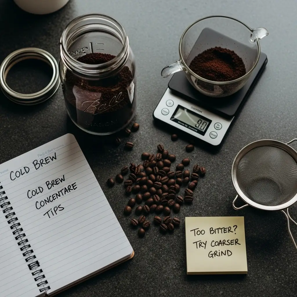 Cold brew concentrate setup with troubleshooting notes and brewing tools.