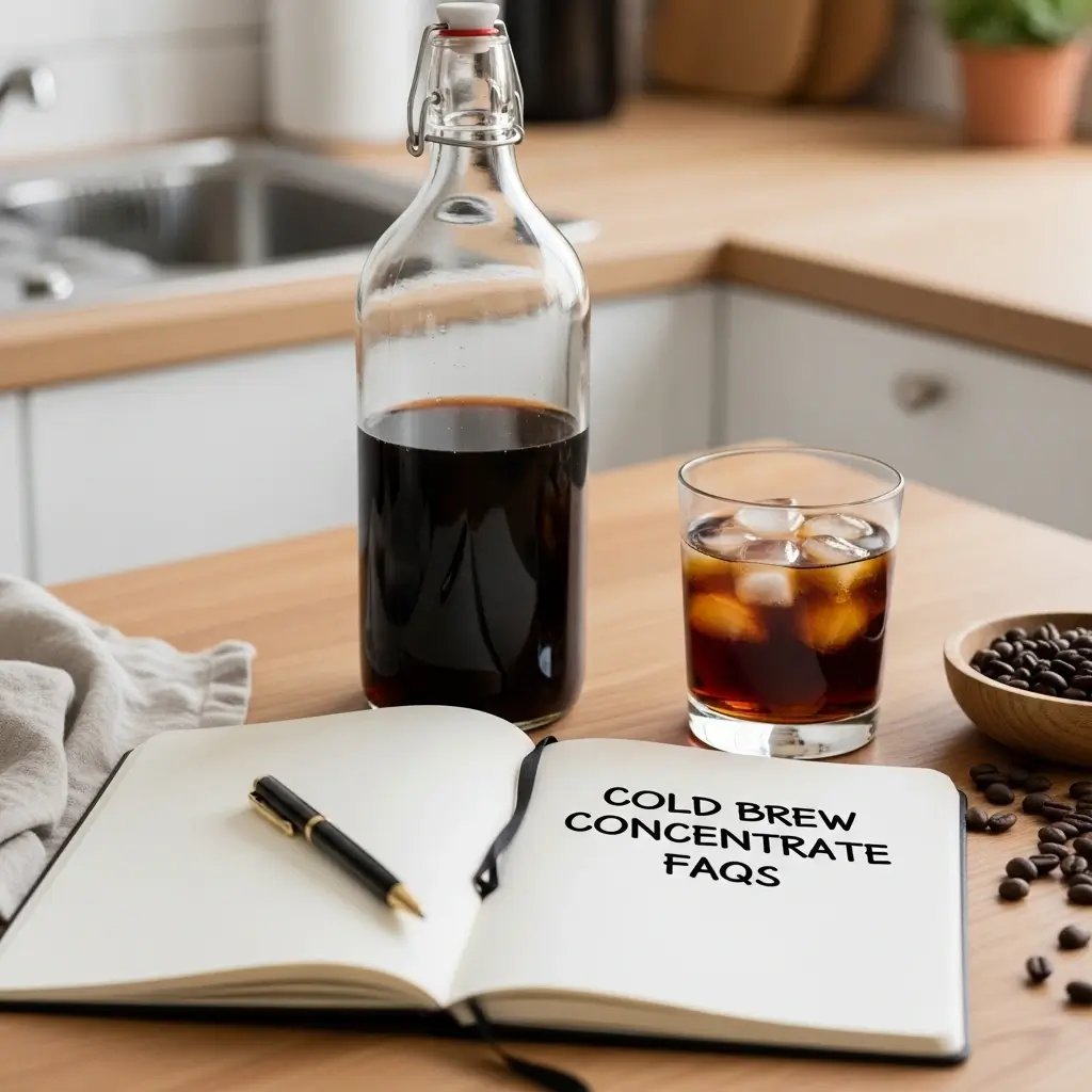Cold brew concentrate with diluted cold brew and FAQ notebook on a wooden table.