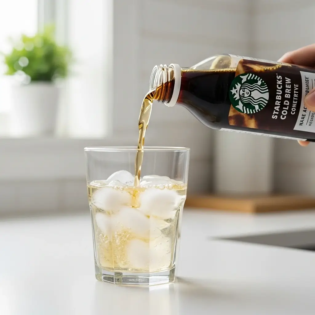 Starbucks cold brew concentrate being poured over ice.